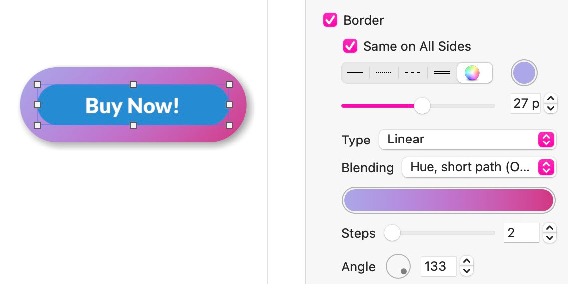 Gradient button design with "Buy Now!" text and editing options for border, type, blending, steps, and angle.