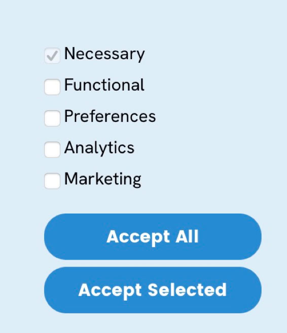 Checkbox options for cookie preferences with "Necessary" checked, and two buttons labeled "Accept All" and "Accept Selected."