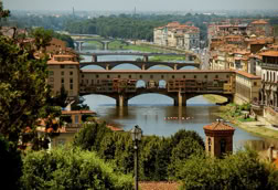 View of the Ponte Vecchio and surrounding bridges over the Arno River in Florence, Italy.