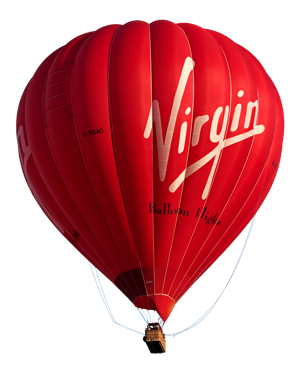 Red hot air balloon with "Virgin" logo.