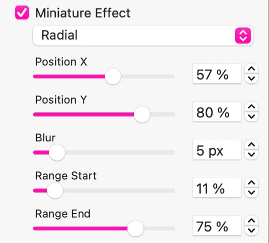 Settings panel for a miniature effect with adjustable sliders for position, blur, and range.