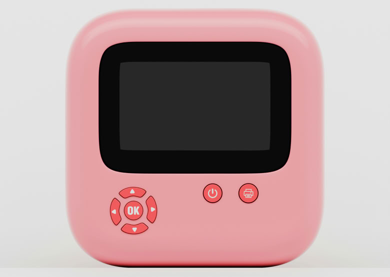 A small, pink, retro-style television with a black screen and red buttons.