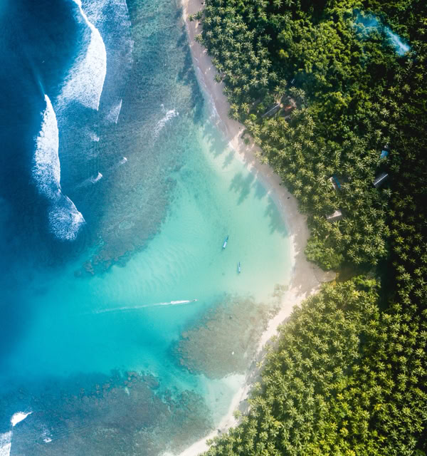 Aerial view of a coastline with turquoise water, waves, and dense green forest.