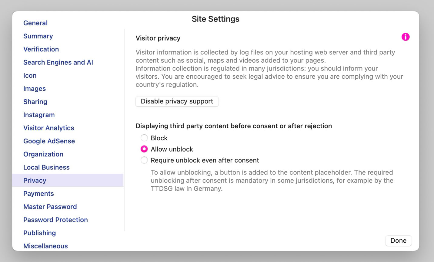 Screenshot of a website's site settings page showing privacy options, including cookie preferences and third-party content settings.