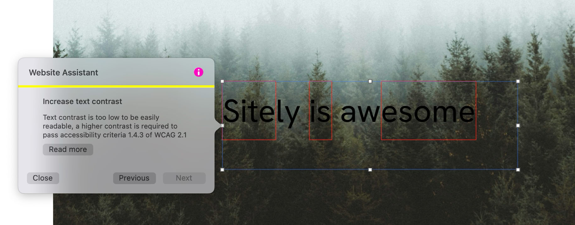 A foggy forest background with the text "Sitely is awesome" and a pop-up window displaying an accessibility alert.