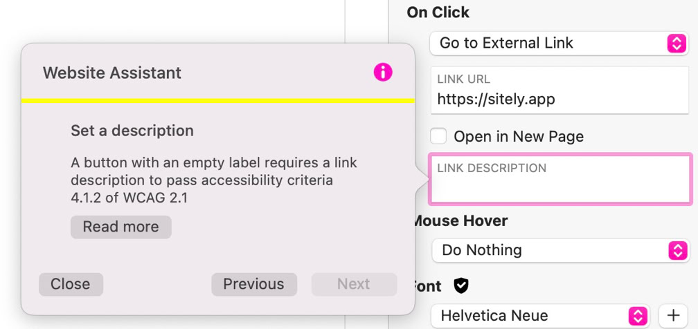 A screenshot of a website assistant tool highlighting an accessibility issue with an empty label for a link description, alongside options for link settings.