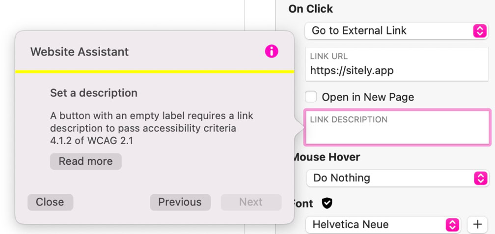 A screenshot of a website assistant tool highlighting an accessibility issue with an empty label for a link description, alongside options for link settings.