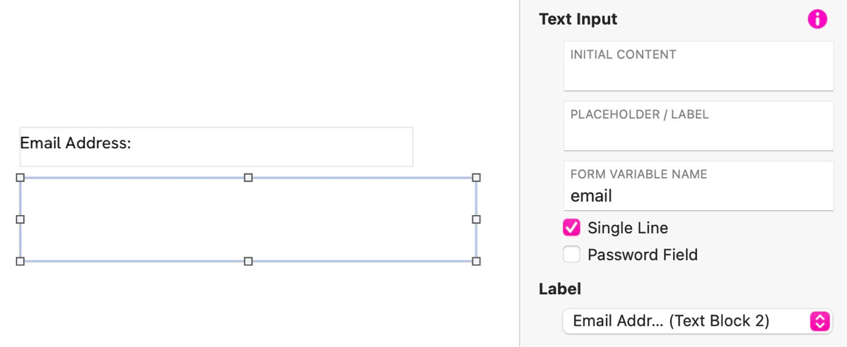 Form design interface showing an email address input field with settings for text input and label options.