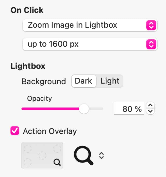 The zoom in lightbox settings