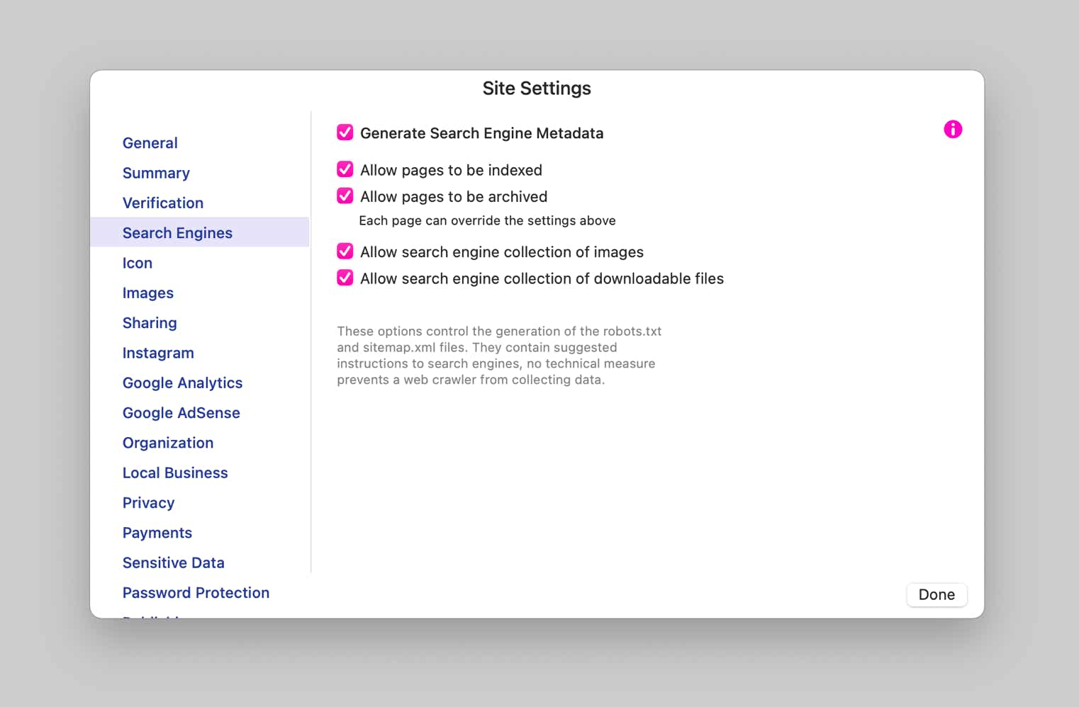 Sparkle's search engine metadata site settings