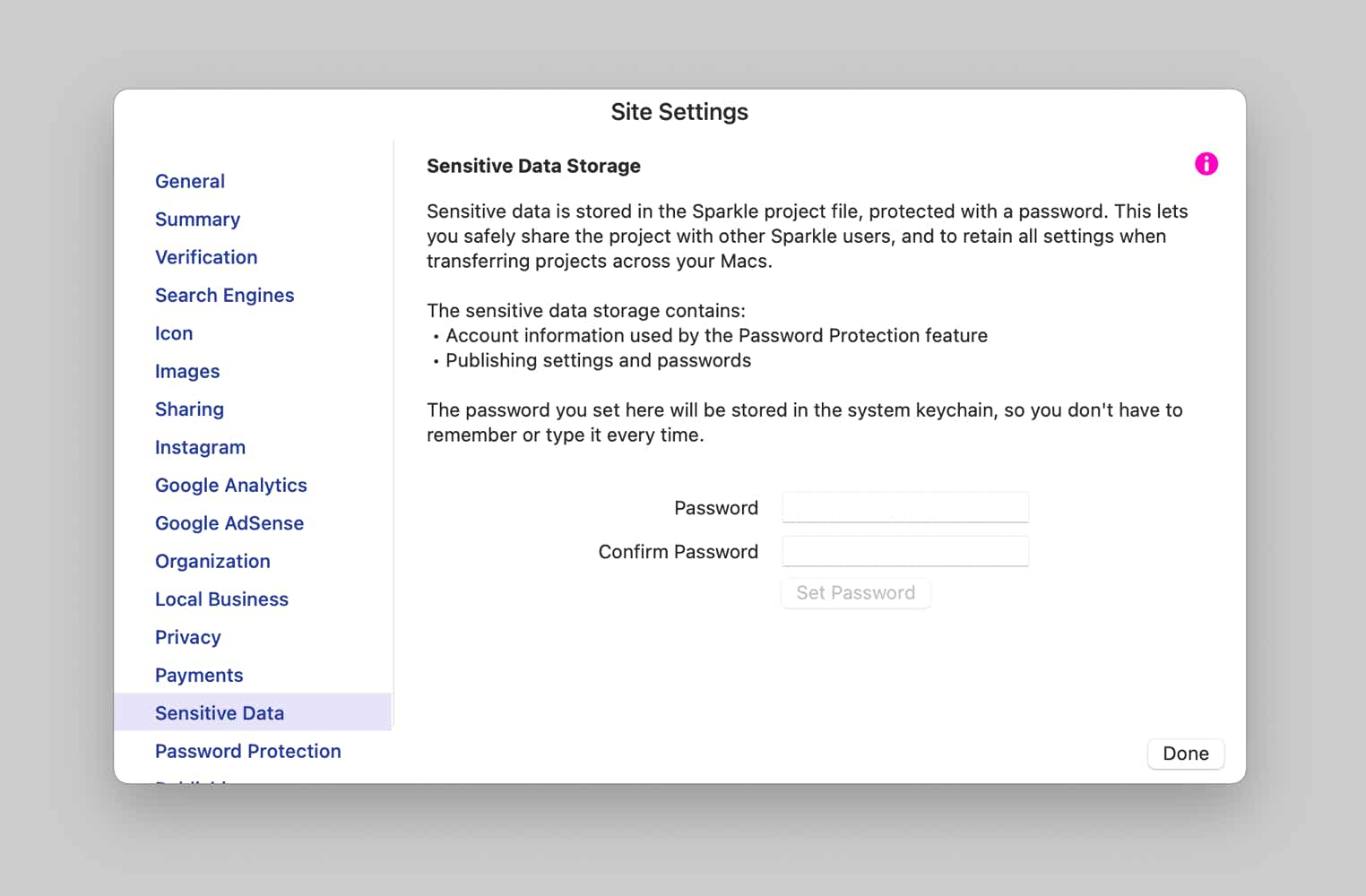 Sparkle's payment site settings