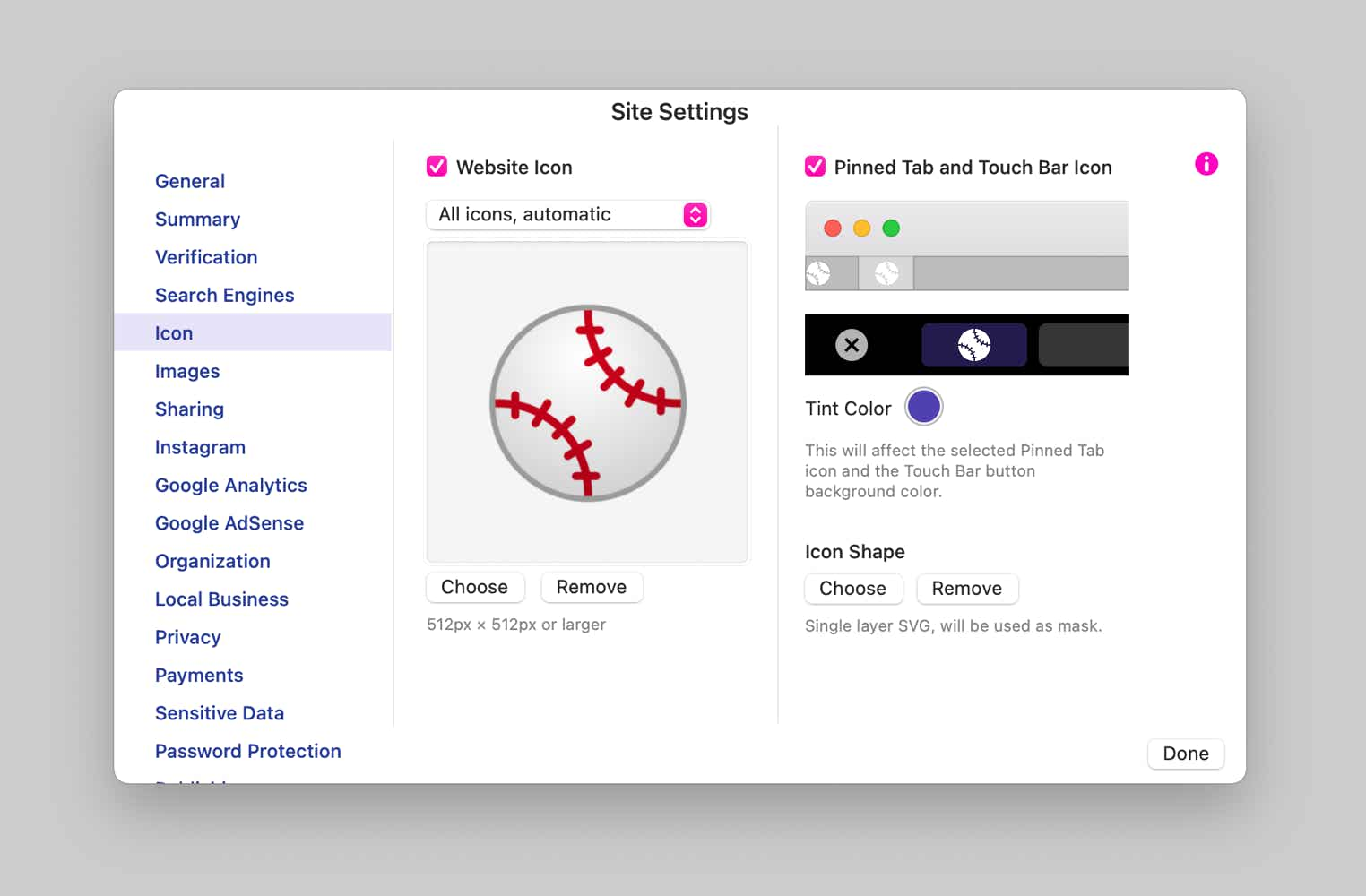 Sparkle's website icon site settings