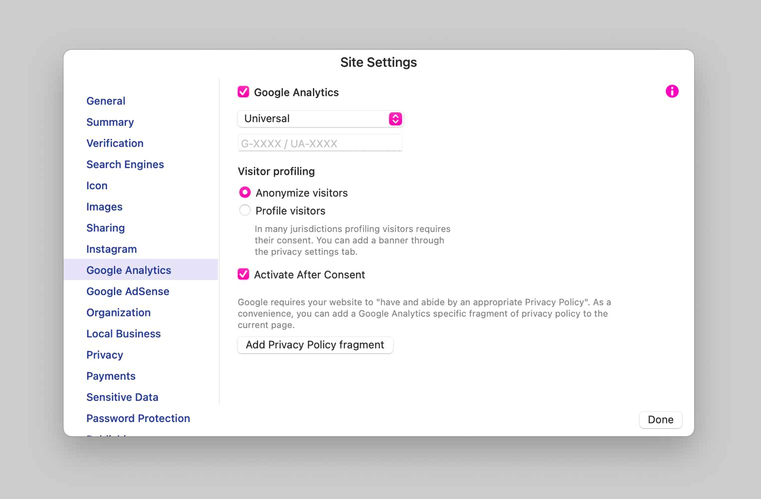 Sparkle's Google Analytics site settings