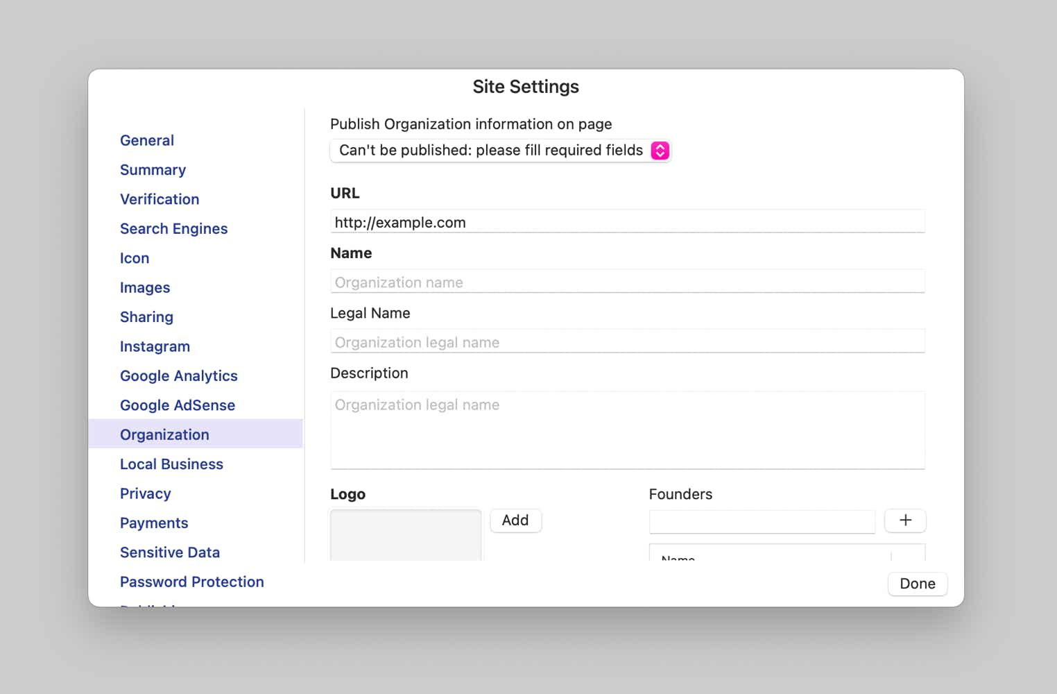 Sparkle's local business site settings