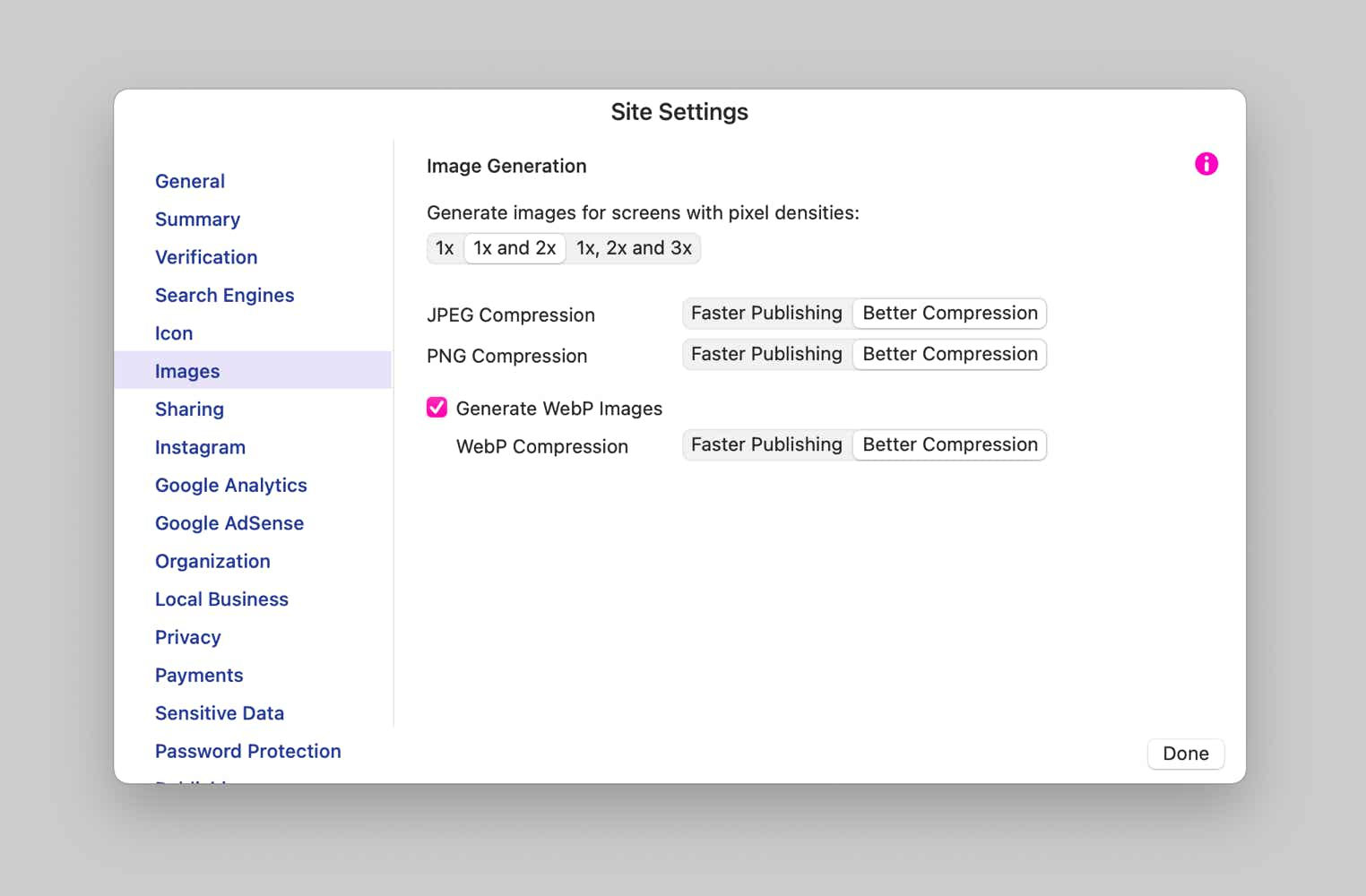 Sparkle's image generation and compression site settings