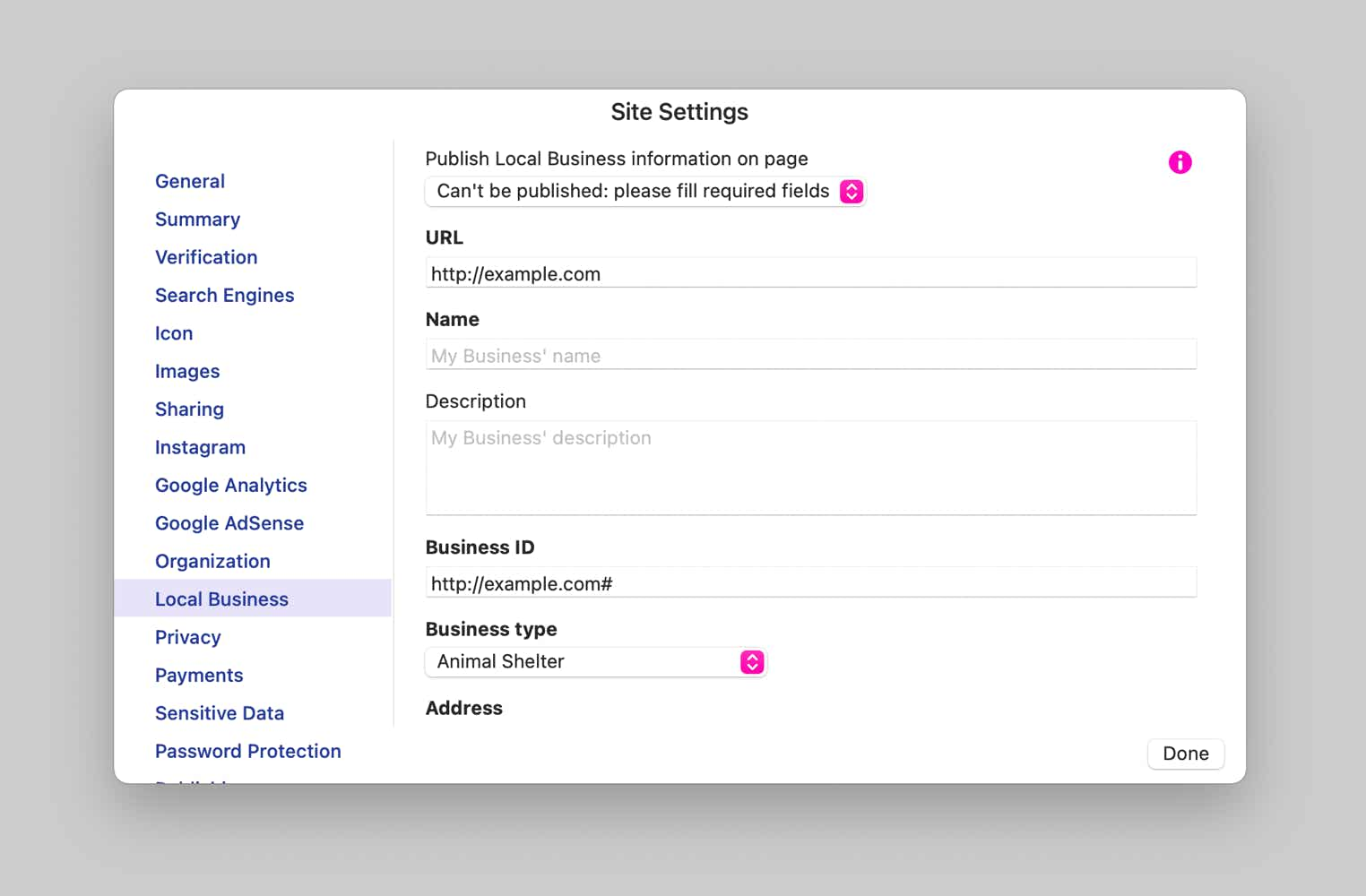 Sparkle's local business site settings