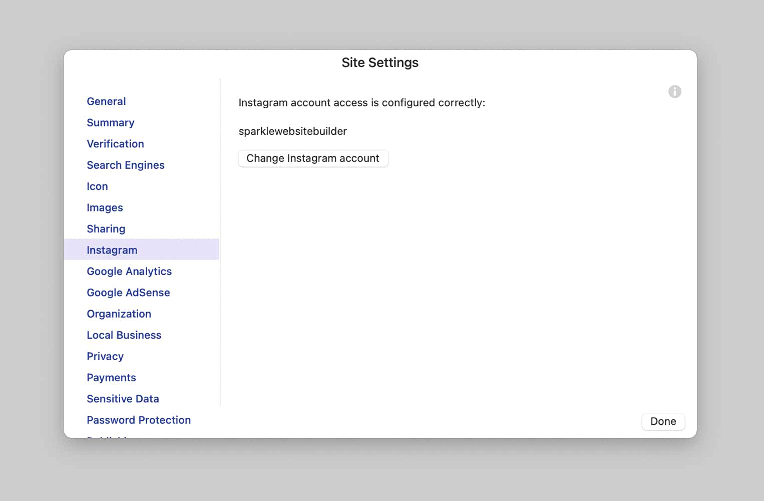 Sparkle's instagram setup site settings