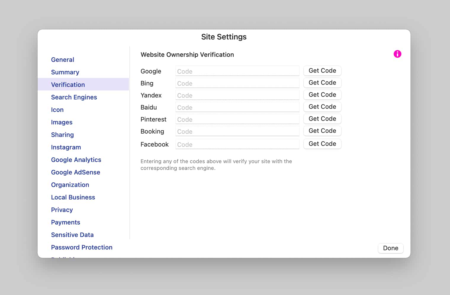 Sparkle's verification site settings