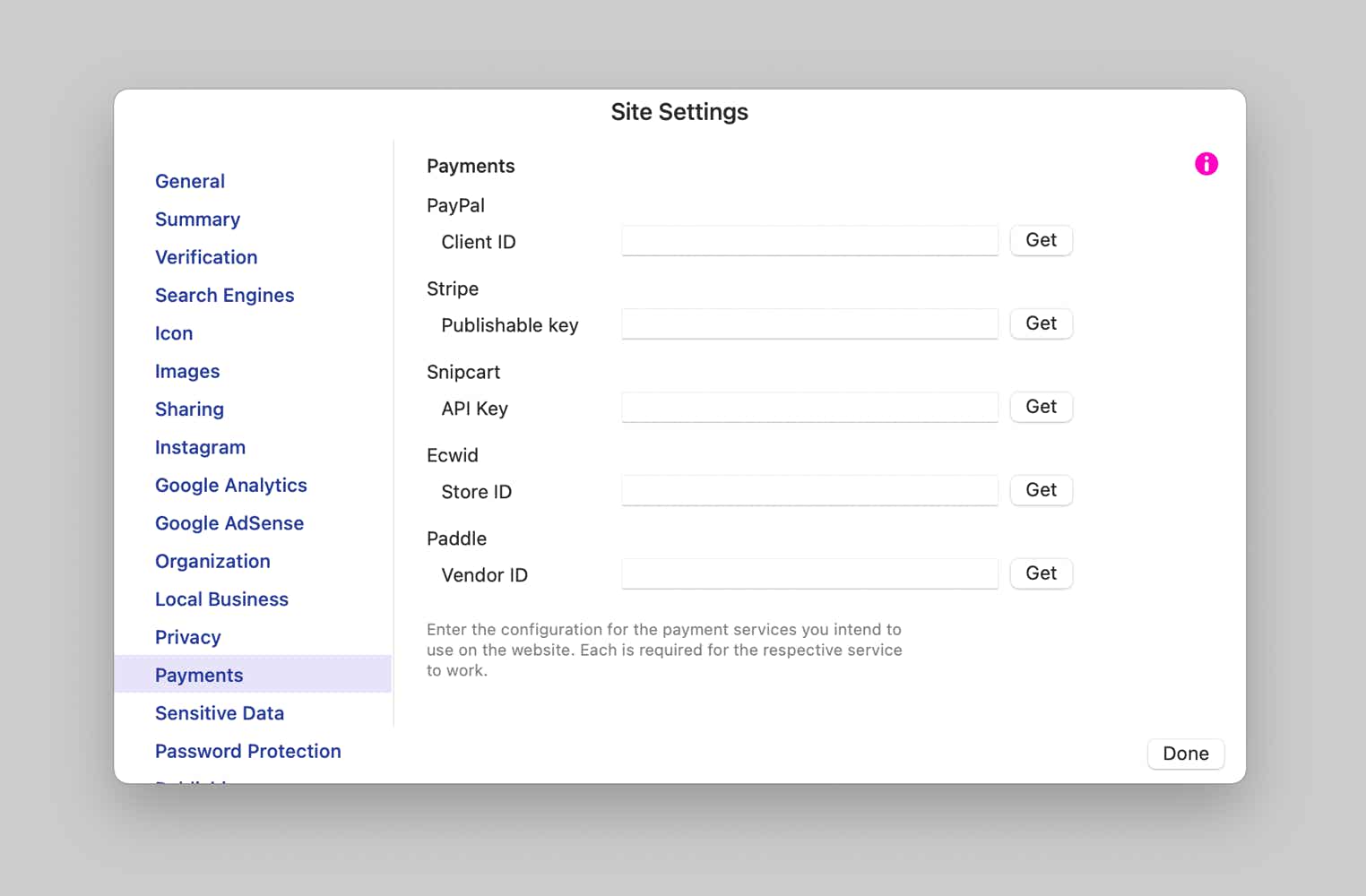 Sparkle's payment site settings