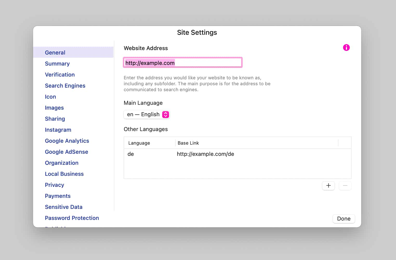 Sparkle's general site settings