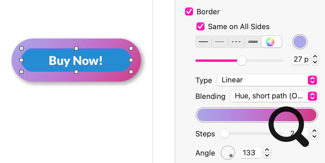 Gradient button design with "Buy Now!" text and editing options for border, type, blending, steps, and angle.