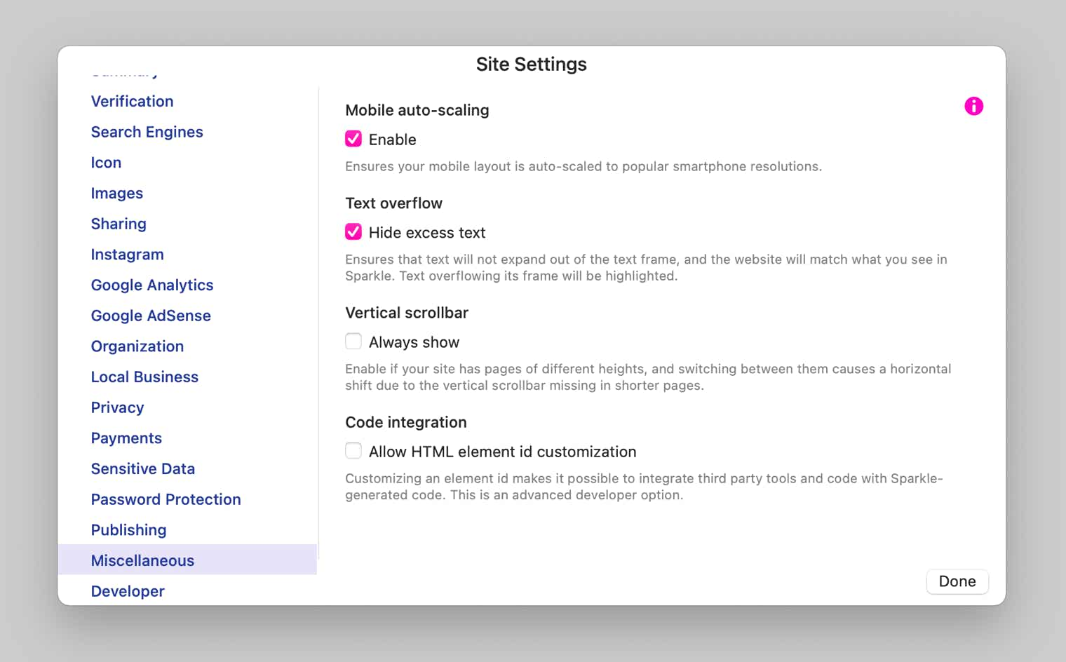 Sparkle's miscellaneous site settings