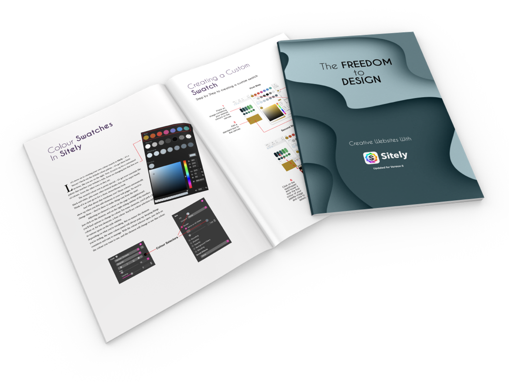 Copertina e pagine interne del libro The Freedom to Design sulla progettazione di siti con Sitely.